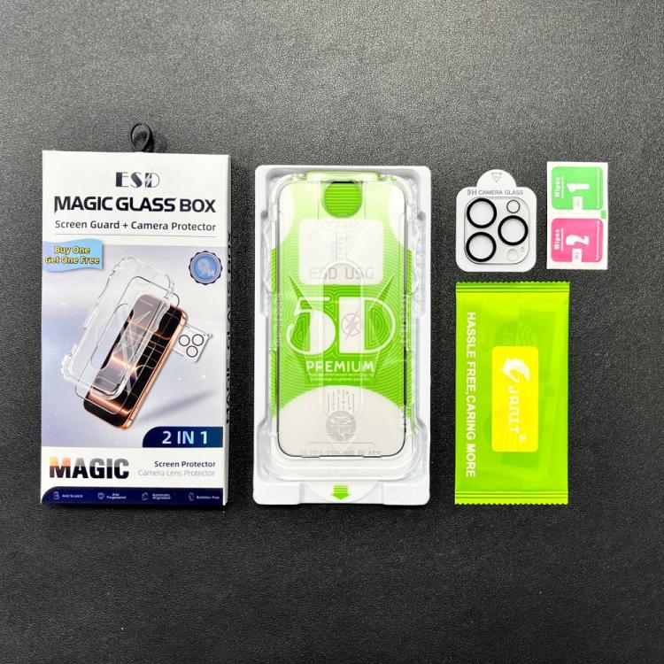 For iPhone 14 Pro Max 10pcs 5D Curved Easy Install Dust-proof Box Edge-to-Edge HD Tempered Glass Film with Lens Film