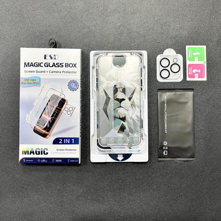 For iPhone 14 Pro Max 10pcs Easy Install Dust-proof Box HD Tempered Glass Film with Lens Film