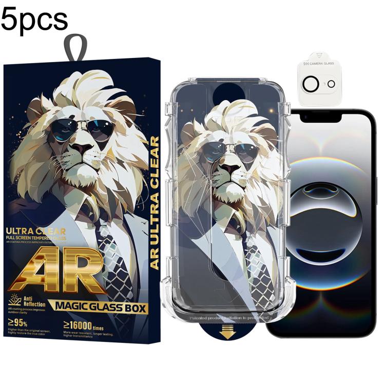 For iPhone 17e / 16e 5pcs Sunglasses Lion Easy Install Dust-proof Box AR HD Tempered Glass Film with Lens Film