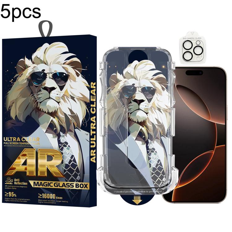 For iPhone 16 Pro Max 5pcs Sunglasses Lion Easy Install Dust-proof Box AR HD Tempered Glass Film with Lens Film