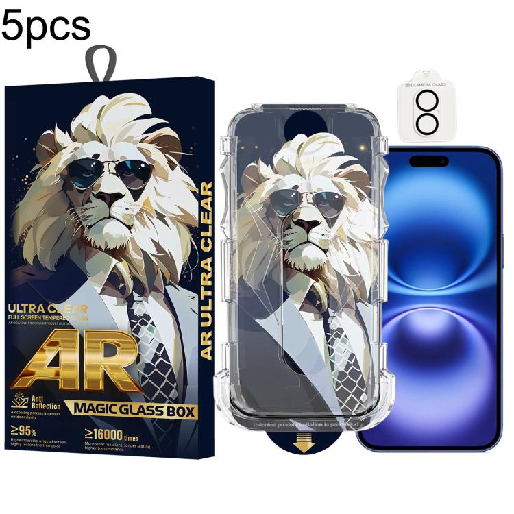 For iPhone 16 Plus 5pcs Sunglasses Lion Easy Install Dust-proof Box AR HD Tempered Glass Film with Lens Film