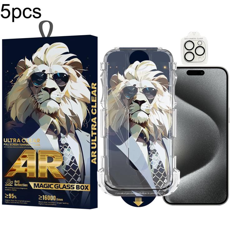 For iPhone 15 Pro 5pcs Sunglasses Lion Easy Install Dust-proof Box AR HD Tempered Glass Film with Lens Film