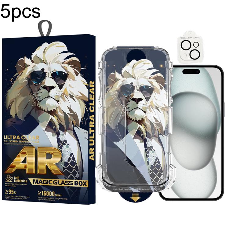 For iPhone 15 Plus 5pcs Sunglasses Lion Easy Install Dust-proof Box AR HD Tempered Glass Film with Lens Film