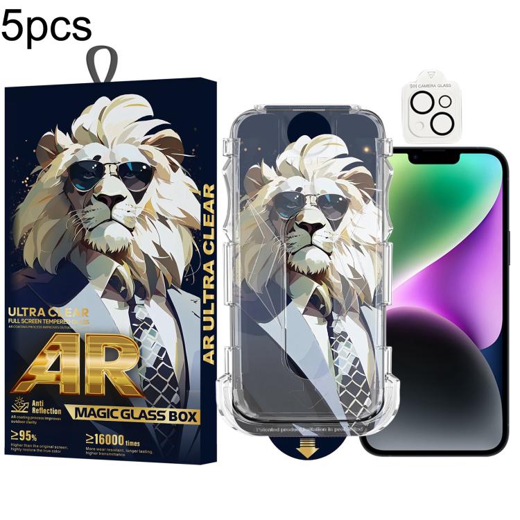 For iPhone 14 Plus 5pcs Sunglasses Lion Easy Install Dust-proof Box AR HD Tempered Glass Film with Lens Film
