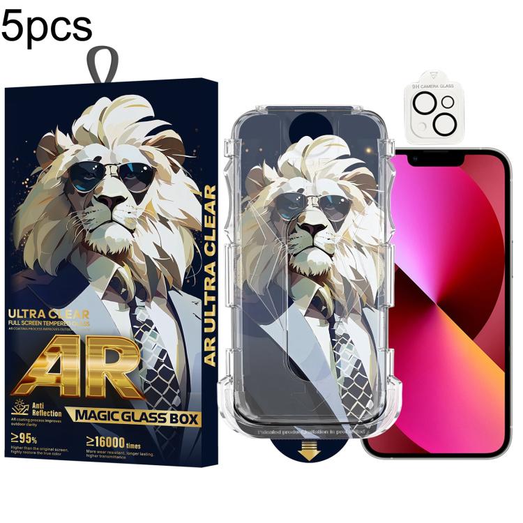 For iPhone 14 / 13 5pcs Sunglasses Lion Easy Install Dust-proof Box AR HD Tempered Glass Film with Lens Film