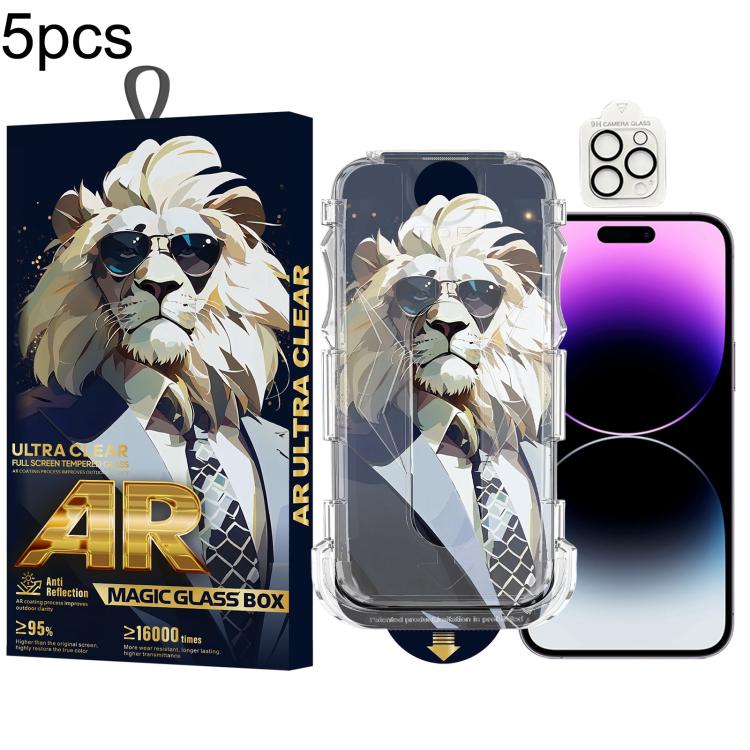 For iPhone 14 Pro Max 5pcs Sunglasses Lion Easy Install Dust-proof Box AR HD Tempered Glass Film with Lens Film
