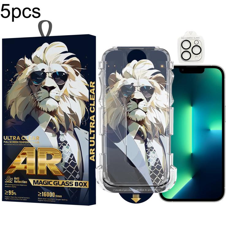 For iPhone 13 Pro Max 5pcs Sunglasses Lion Easy Install Dust-proof Box AR HD Tempered Glass Film with Lens Film