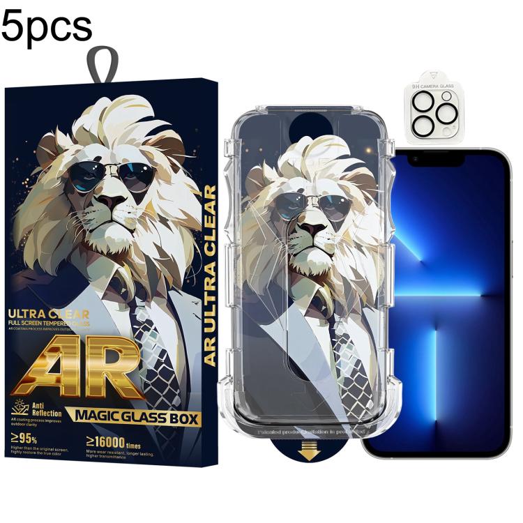For iPhone 13 Pro 5pcs Sunglasses Lion Easy Install Dust-proof Box AR HD Tempered Glass Film with Lens Film