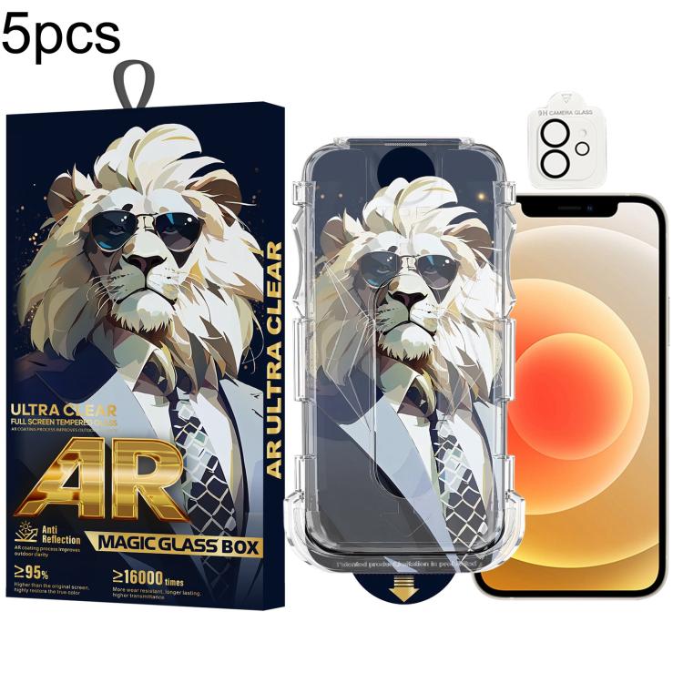 For iPhone 12 5pcs Sunglasses Lion Easy Install Dust-proof Box AR HD Tempered Glass Film with Lens Film