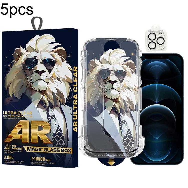 For iPhone 12 Pro Max 5pcs Sunglasses Lion Easy Install Dust-proof Box AR HD Tempered Glass Film with Lens Film