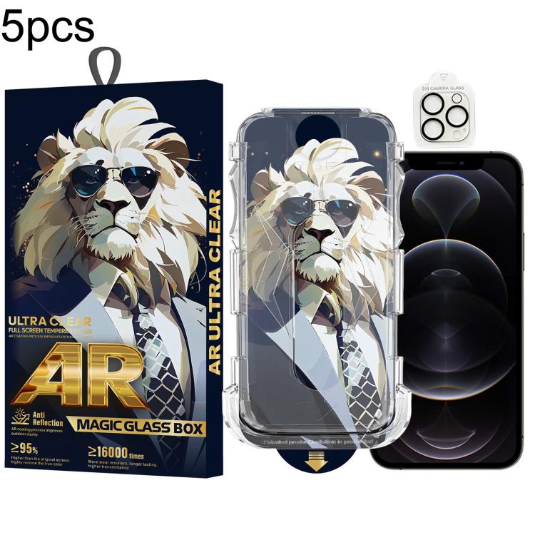 For iPhone 12 Pro 5pcs Sunglasses Lion Easy Install Dust-proof Box AR HD Tempered Glass Film with Lens Film