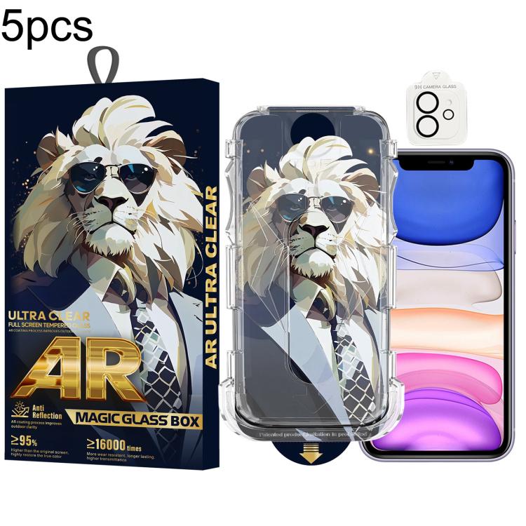 For iPhone 11 5pcs Sunglasses Lion Easy Install Dust-proof Box AR HD Tempered Glass Film with Lens Film