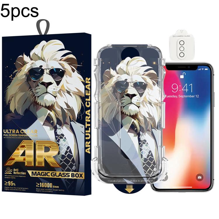 For iPhone X / XS 5pcs Sunglasses Lion Easy Install Dust-proof Box AR HD Tempered Glass Film with Lens Film
