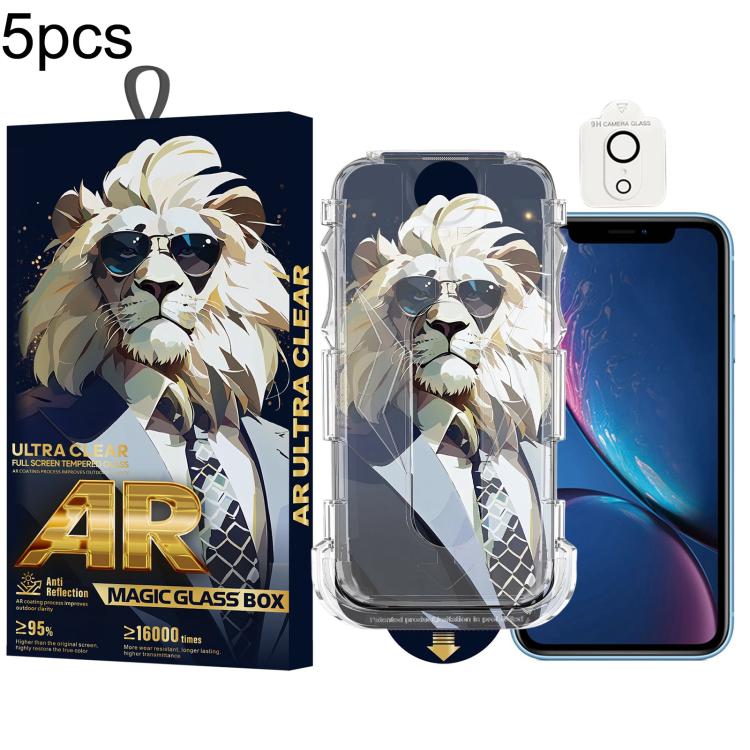For iPhone XR 5pcs Sunglasses Lion Easy Install Dust-proof Box AR HD Tempered Glass Film with Lens Film