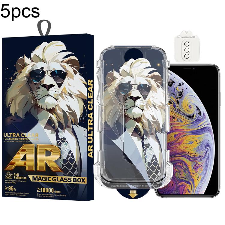 For iPhone XS Max 5pcs Sunglasses Lion Easy Install Dust-proof Box AR HD Tempered Glass Film with Lens Film
