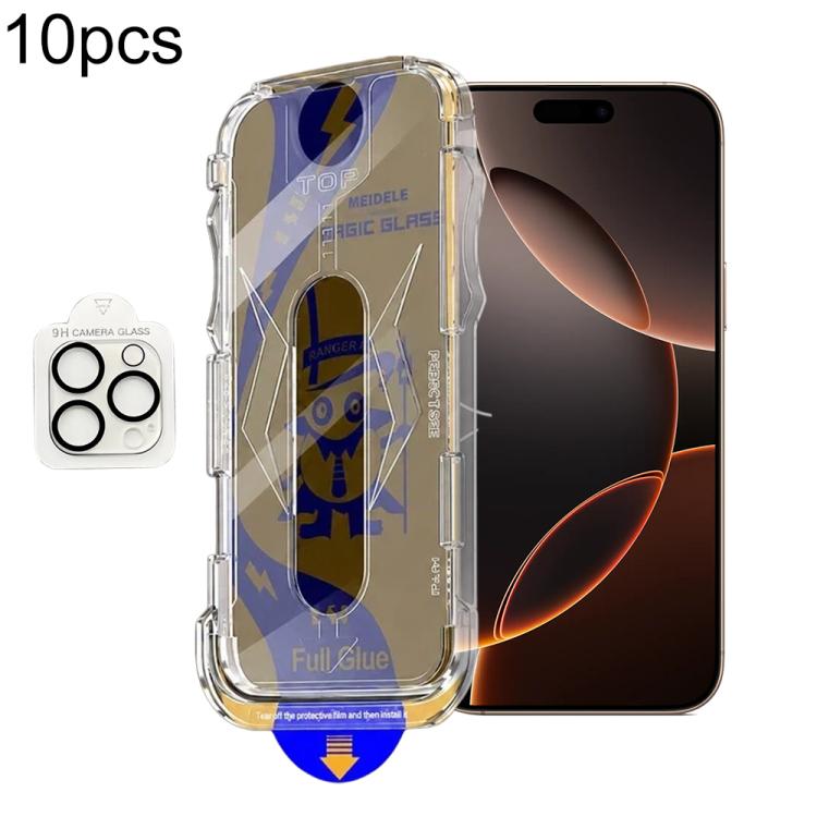 For iPhone 16 Pro 10pcs MEIDELE Easy Install Dust-proof Box Privacy Tempered Glass Film with Lens Film