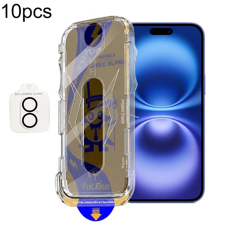 For iPhone 16 Plus 10pcs MEIDELE Easy Install Dust-proof Box Privacy Tempered Glass Film with Lens Film