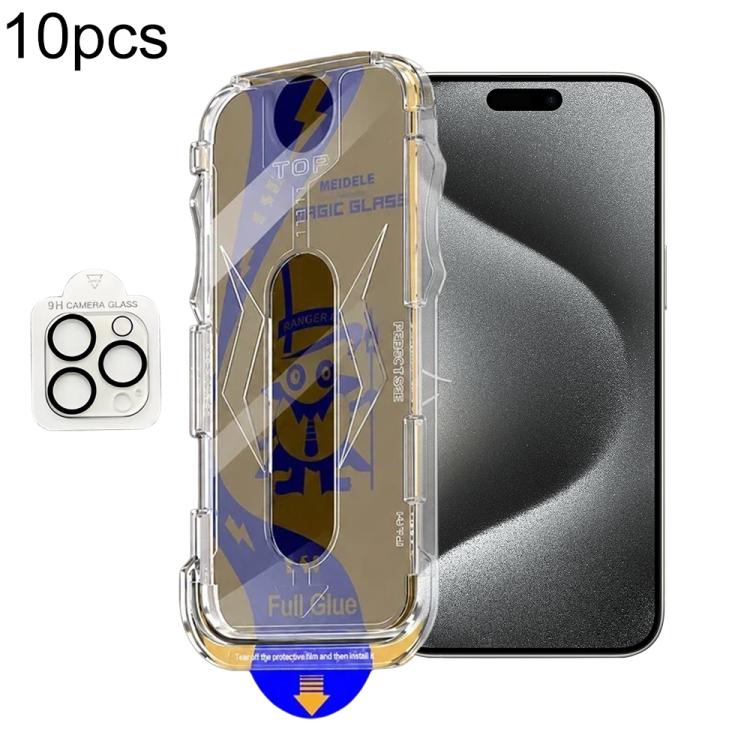 For iPhone 15 Pro 10pcs MEIDELE Easy Install Dust-proof Box Privacy Tempered Glass Film with Lens Film