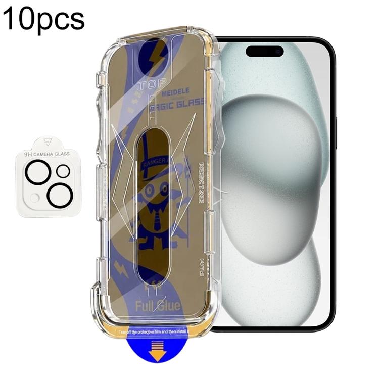 For iPhone 15 10pcs MEIDELE Easy Install Dust-proof Box Privacy Tempered Glass Film with Lens Film
