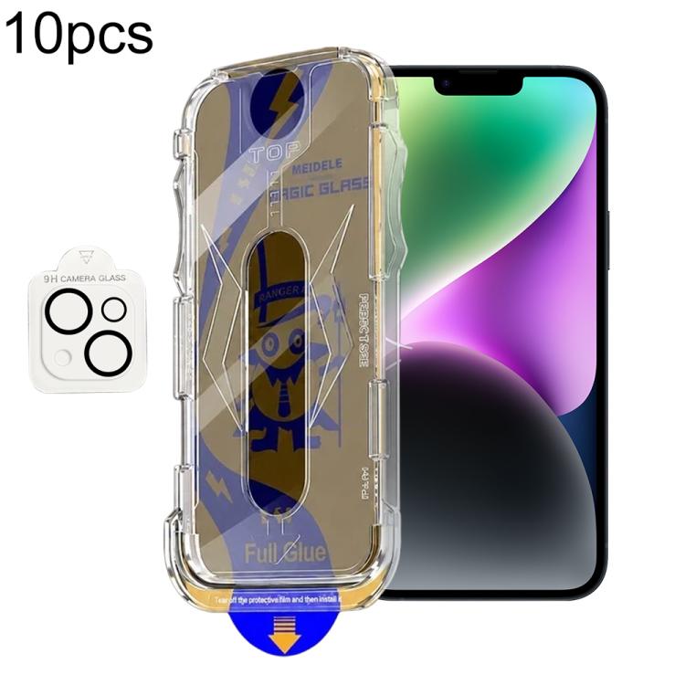 For iPhone 14 Plus 10pcs MEIDELE Easy Install Dust-proof Box Privacy Tempered Glass Film with Lens Film