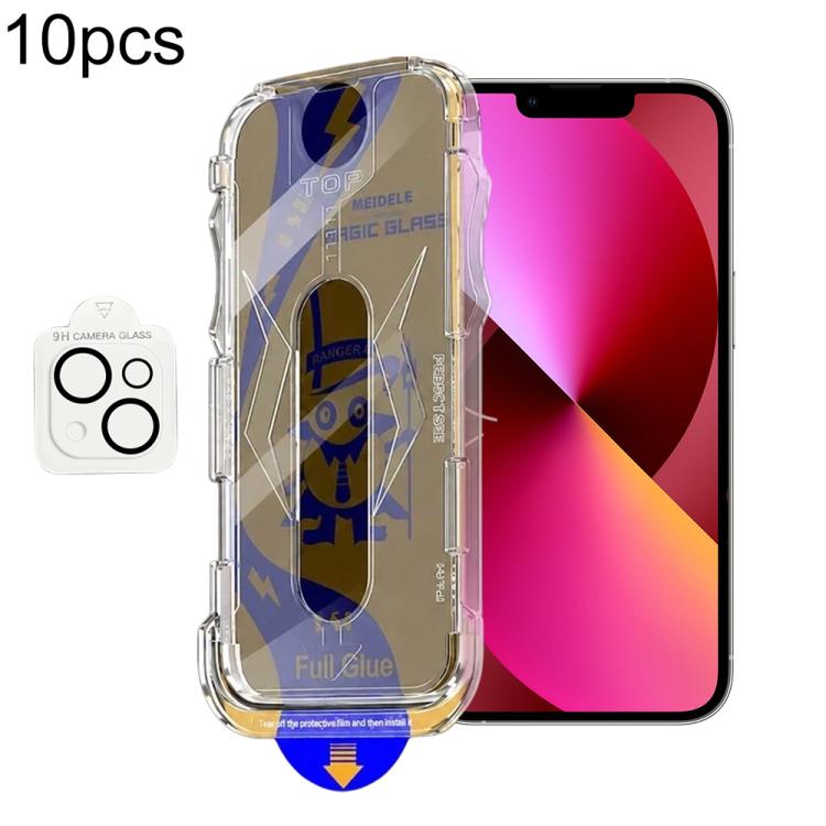For iPhone 14 / 13 10pcs MEIDELE Easy Install Dust-proof Box Privacy Tempered Glass Film with Lens Film
