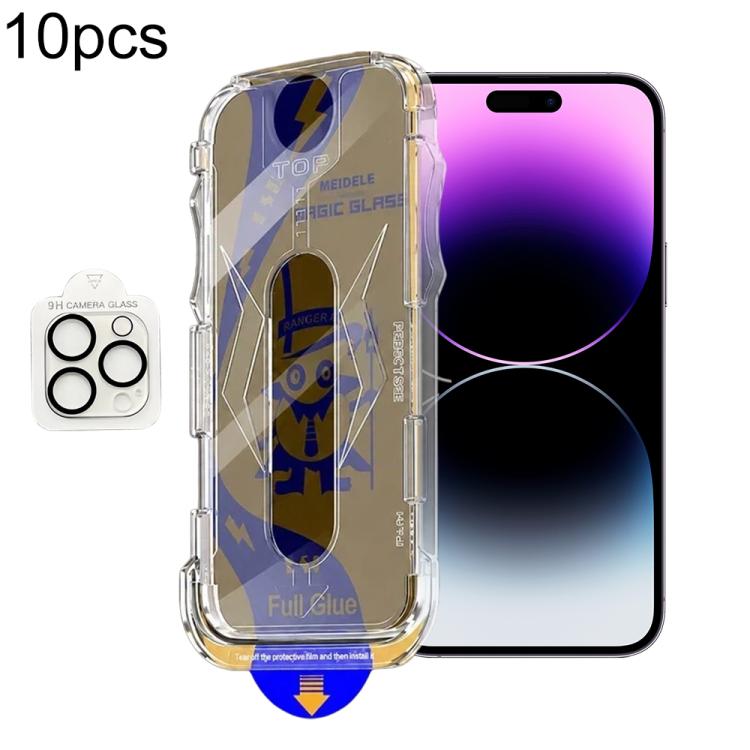 For iPhone 14 Pro Max 10pcs MEIDELE Easy Install Dust-proof Box Privacy Tempered Glass Film with Lens Film