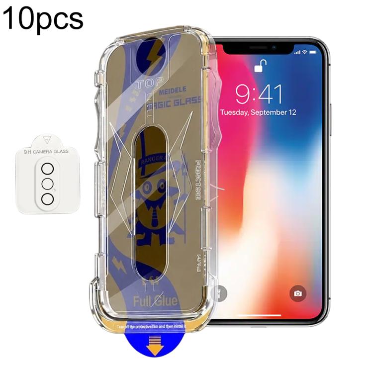For iPhone X / XS 10pcs MEIDELE Easy Install Dust-proof Box Privacy Tempered Glass Film with Lens Film