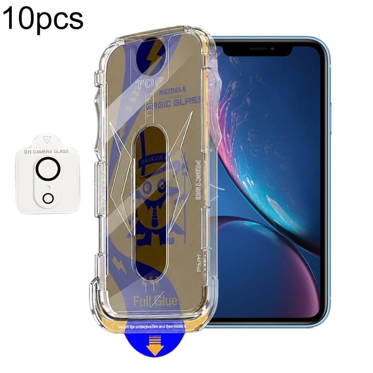 For iPhone XR 10pcs MEIDELE Easy Install Dust-proof Box Privacy Tempered Glass Film with Lens Film