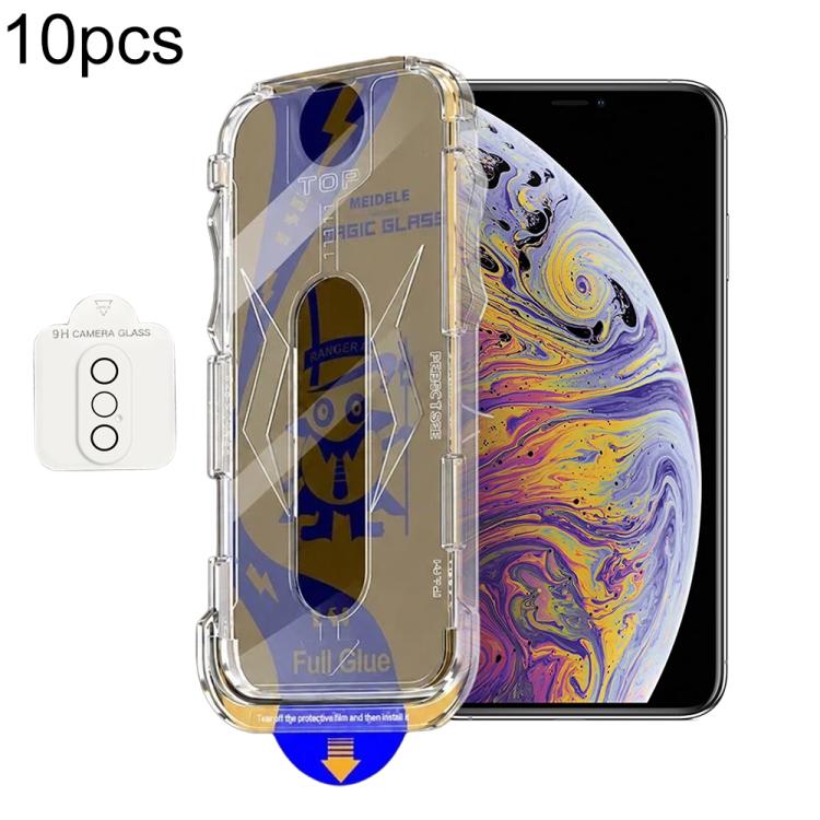 For iPhone XS Max 10pcs MEIDELE Easy Install Dust-proof Box Privacy Tempered Glass Film with Lens Film