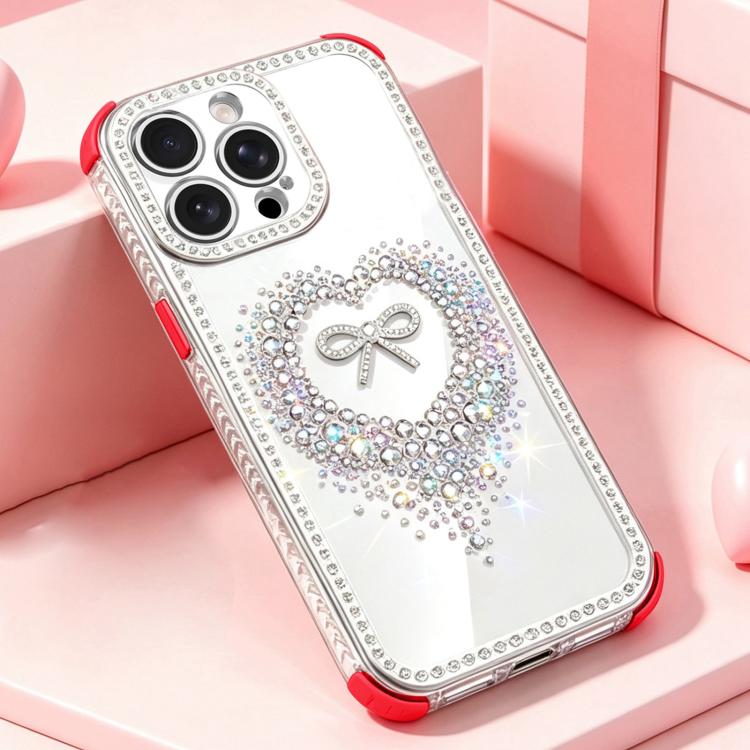 For iPhone 16 Pro Diamond Heart Bow PC Hybrid TPU Airbag Shockproof Phone Case