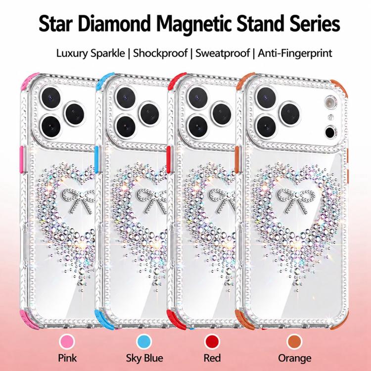 For iPhone 16 Pro Diamond Heart Bow PC Hybrid TPU Airbag Shockproof Phone Case