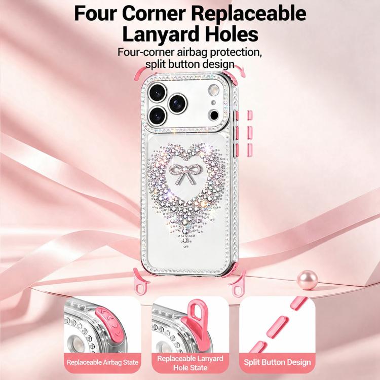 For iPhone 16 Pro Diamond Heart Bow PC Hybrid TPU Airbag Shockproof Phone Case