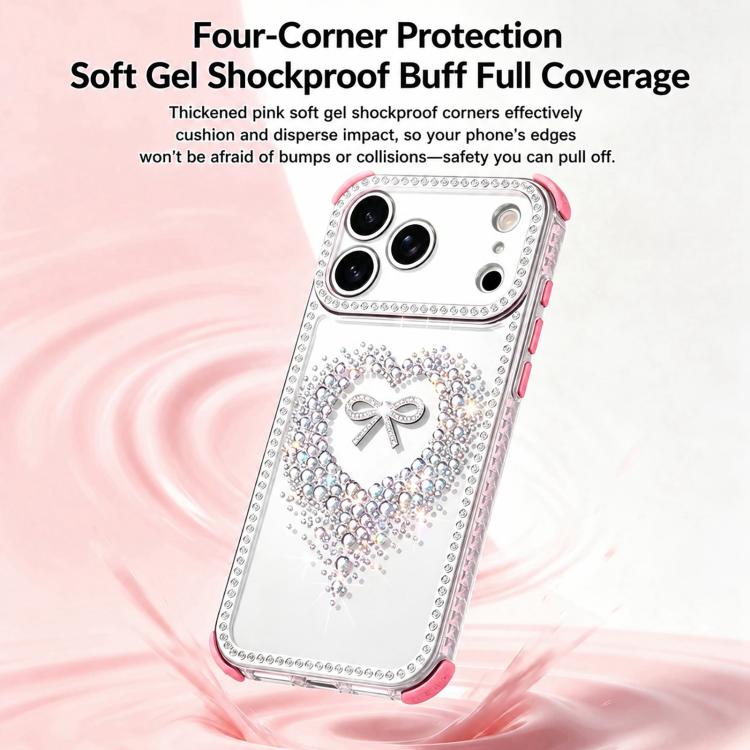 For iPhone 17 Pro Diamond Heart Bow PC Hybrid TPU Airbag Shockproof Phone Case