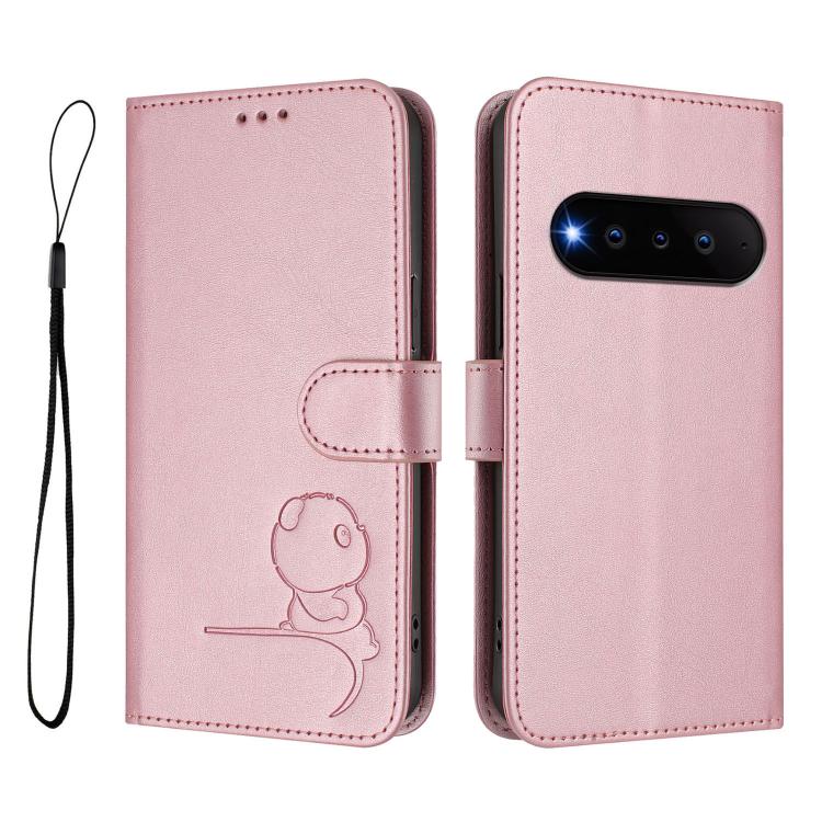 For Natural AI Phone 5G Litter Panda Embossing RFID Leather Phone Case with Lanyard