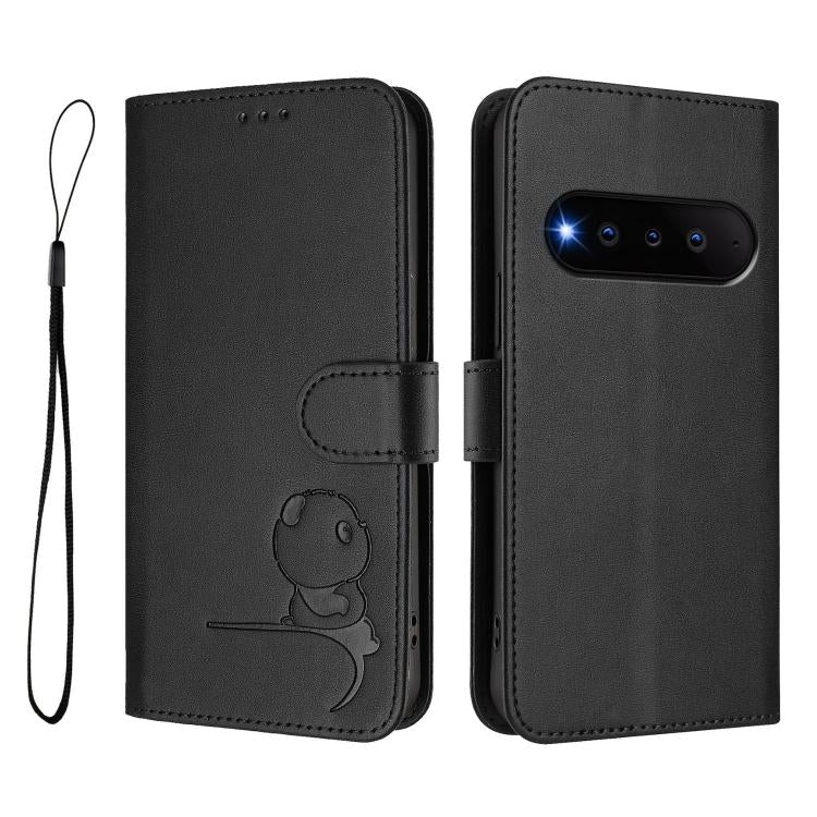 For Natural AI Phone 5G Litter Panda Embossing RFID Leather Phone Case with Lanyard