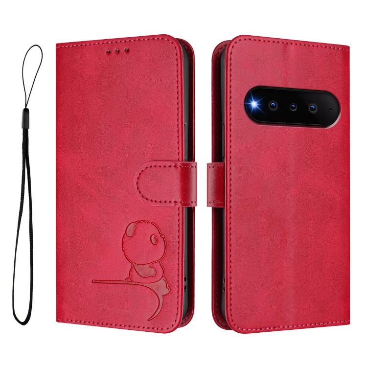 For Natural AI Phone 5G Litter Panda Embossing RFID Leather Phone Case with Lanyard