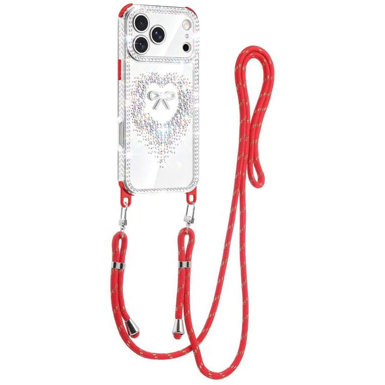 For iPhone 17 Pro Max Diamond Heart Bow PC Hybrid TPU Airbag Phone Case with Lanyard