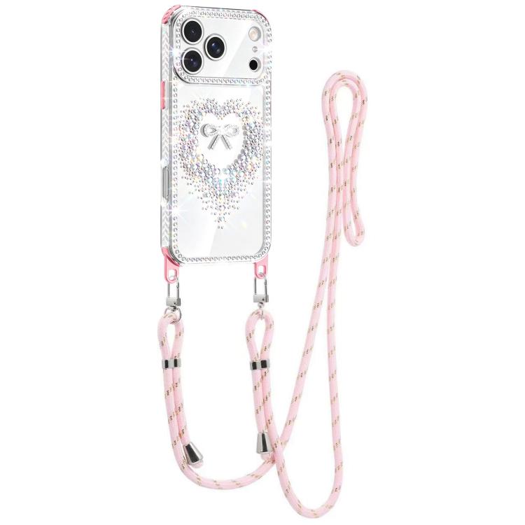 For iPhone 17 Pro Diamond Heart Bow PC Hybrid TPU Airbag Phone Case with Lanyard