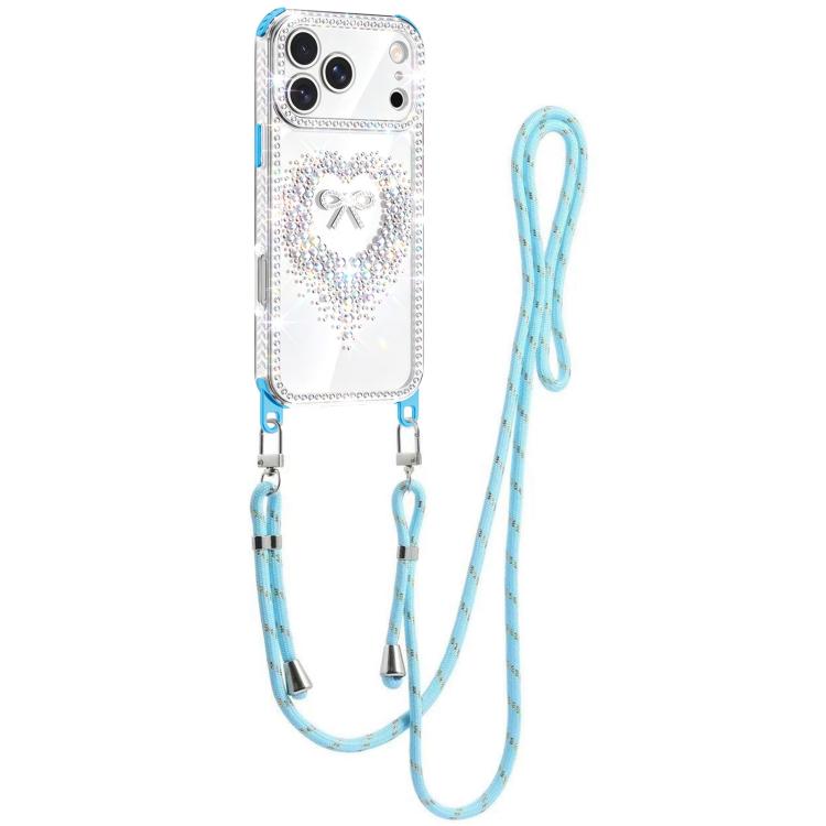 For iPhone 17 Pro Diamond Heart Bow PC Hybrid TPU Airbag Phone Case with Lanyard