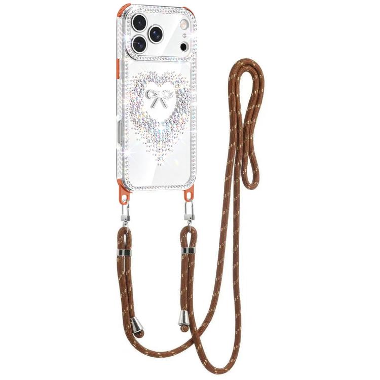 For iPhone 17 Pro Diamond Heart Bow PC Hybrid TPU Airbag Phone Case with Lanyard