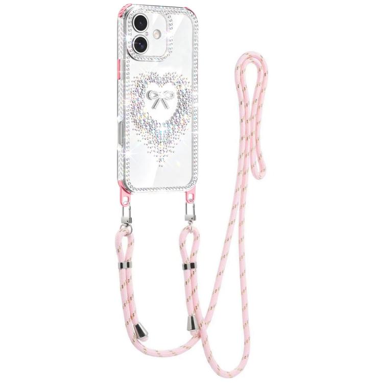 For iPhone 17 Diamond Heart Bow PC Hybrid TPU Airbag Phone Case with Lanyard