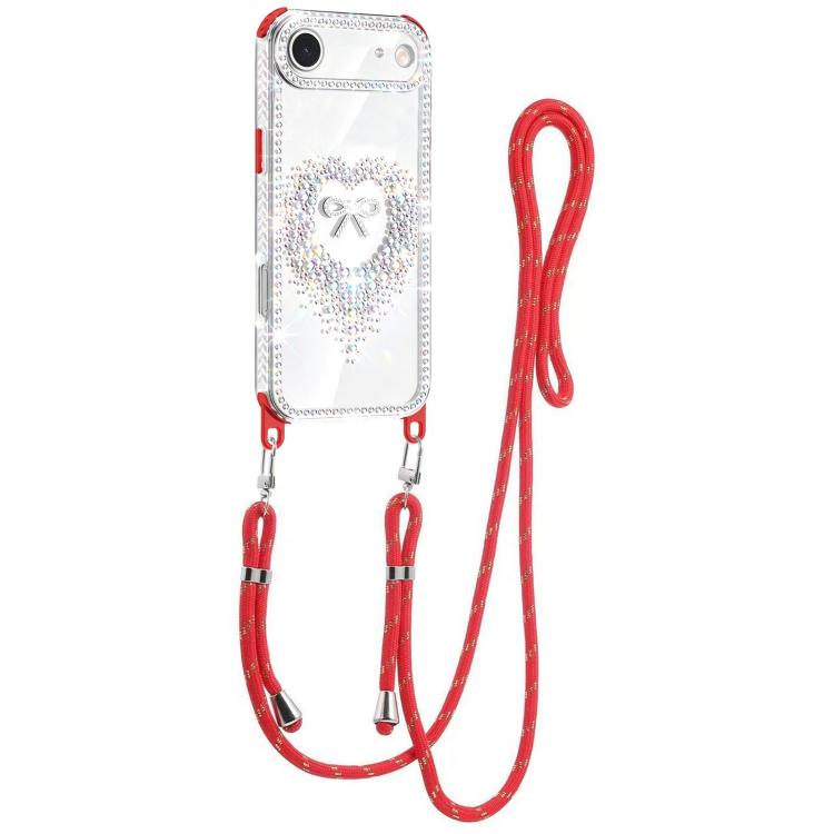 For iPhone Air Diamond Heart Bow PC Hybrid TPU Airbag Phone Case with Lanyard