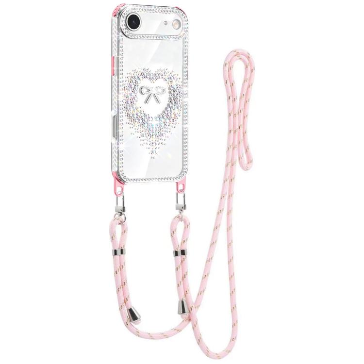 For iPhone Air Diamond Heart Bow PC Hybrid TPU Airbag Phone Case with Lanyard