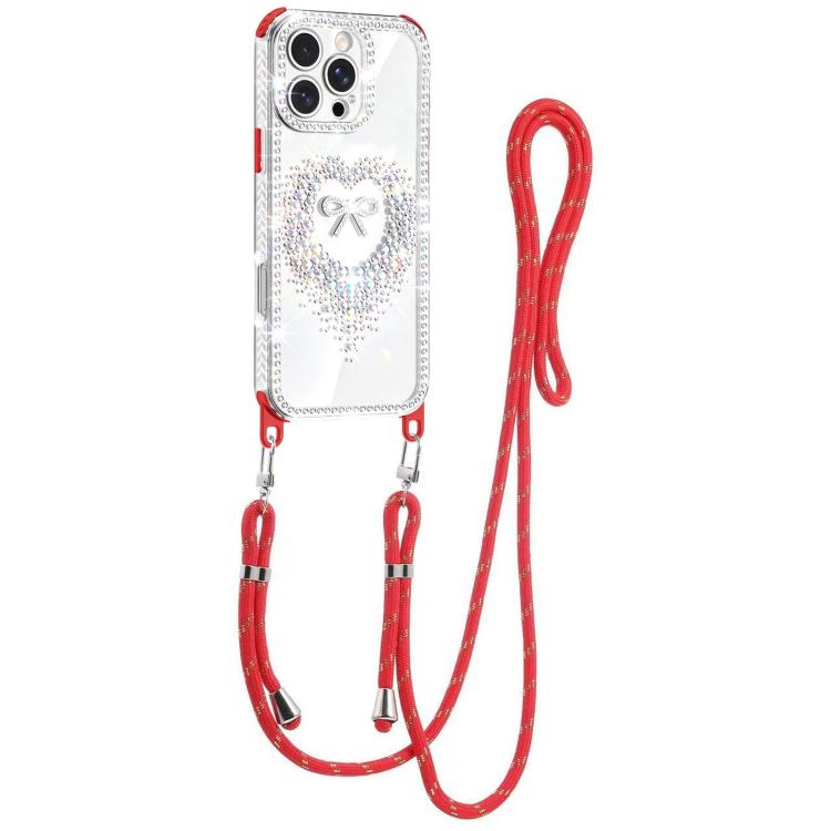 For iPhone 16 Pro Max Diamond Heart Bow PC Hybrid TPU Airbag Phone Case with Lanyard