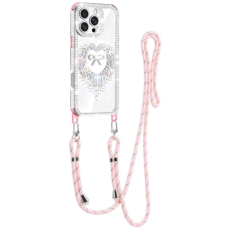 For iPhone 16 Pro Max Diamond Heart Bow PC Hybrid TPU Airbag Phone Case with Lanyard