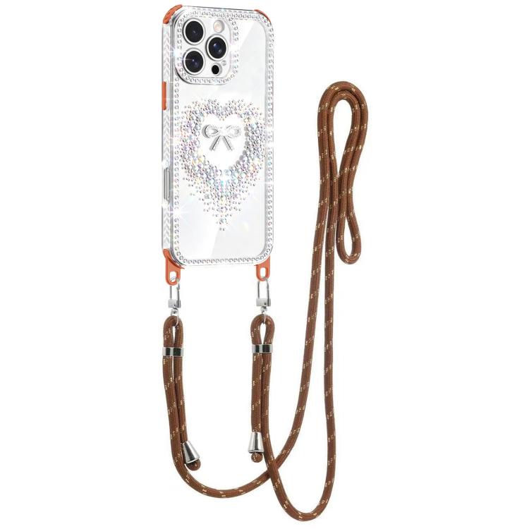 For iPhone 16 Pro Diamond Heart Bow PC Hybrid TPU Airbag Phone Case with Lanyard