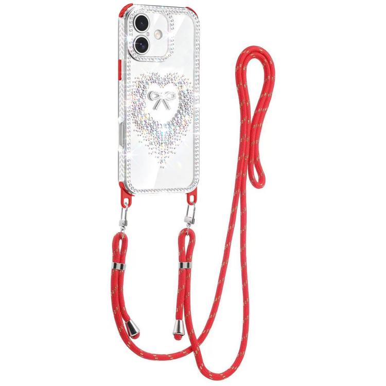For iPhone 16 Plus Diamond Heart Bow PC Hybrid TPU Airbag Phone Case with Lanyard