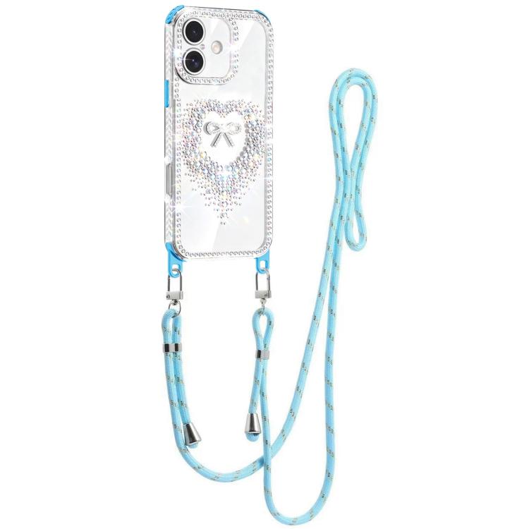 For iPhone 16 Diamond Heart Bow PC Hybrid TPU Airbag Phone Case with Lanyard