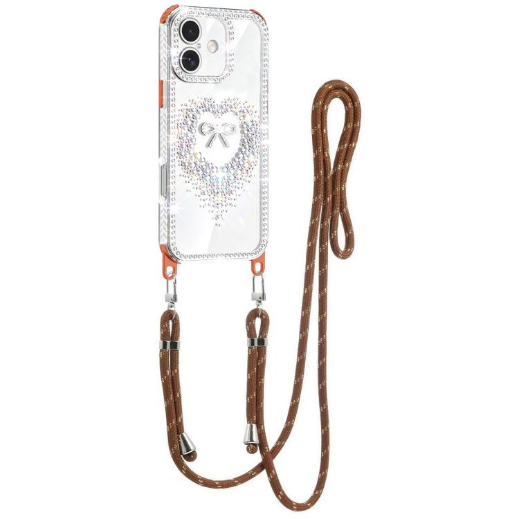 For iPhone 16 Diamond Heart Bow PC Hybrid TPU Airbag Phone Case with Lanyard