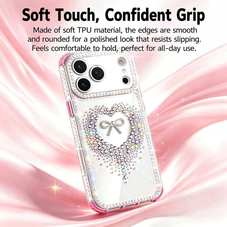 For iPhone 17 Pro Diamond Heart Bow PC Hybrid TPU Airbag Phone Case with Lanyard